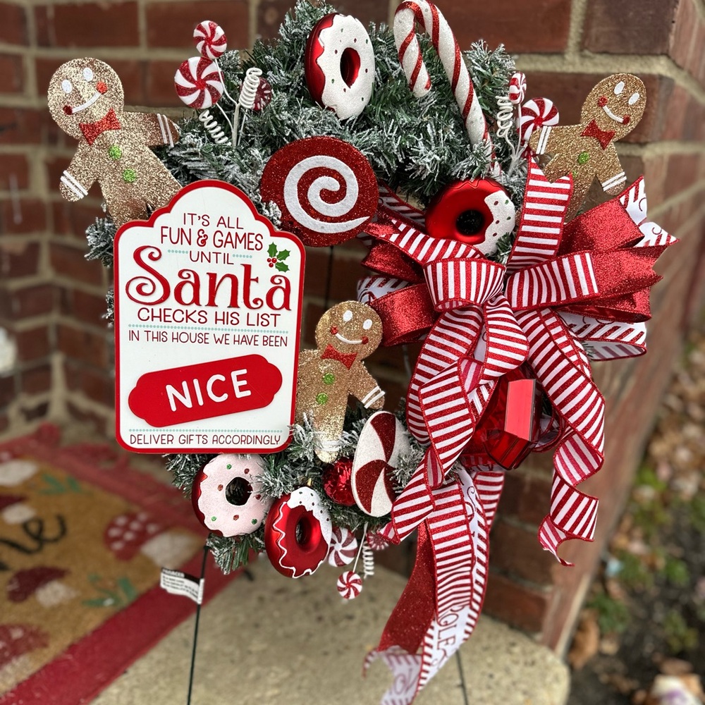 Festive Santa's List Holiday Wreath with Red and White Accents